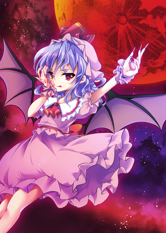 1girl ascot bat_wings blood blood_on_face blue_hair bow enjoy_mix hat hat_bow licking_hand moon night night_sky red_eyes red_moon remilia_scarlet sky solo touhou wings