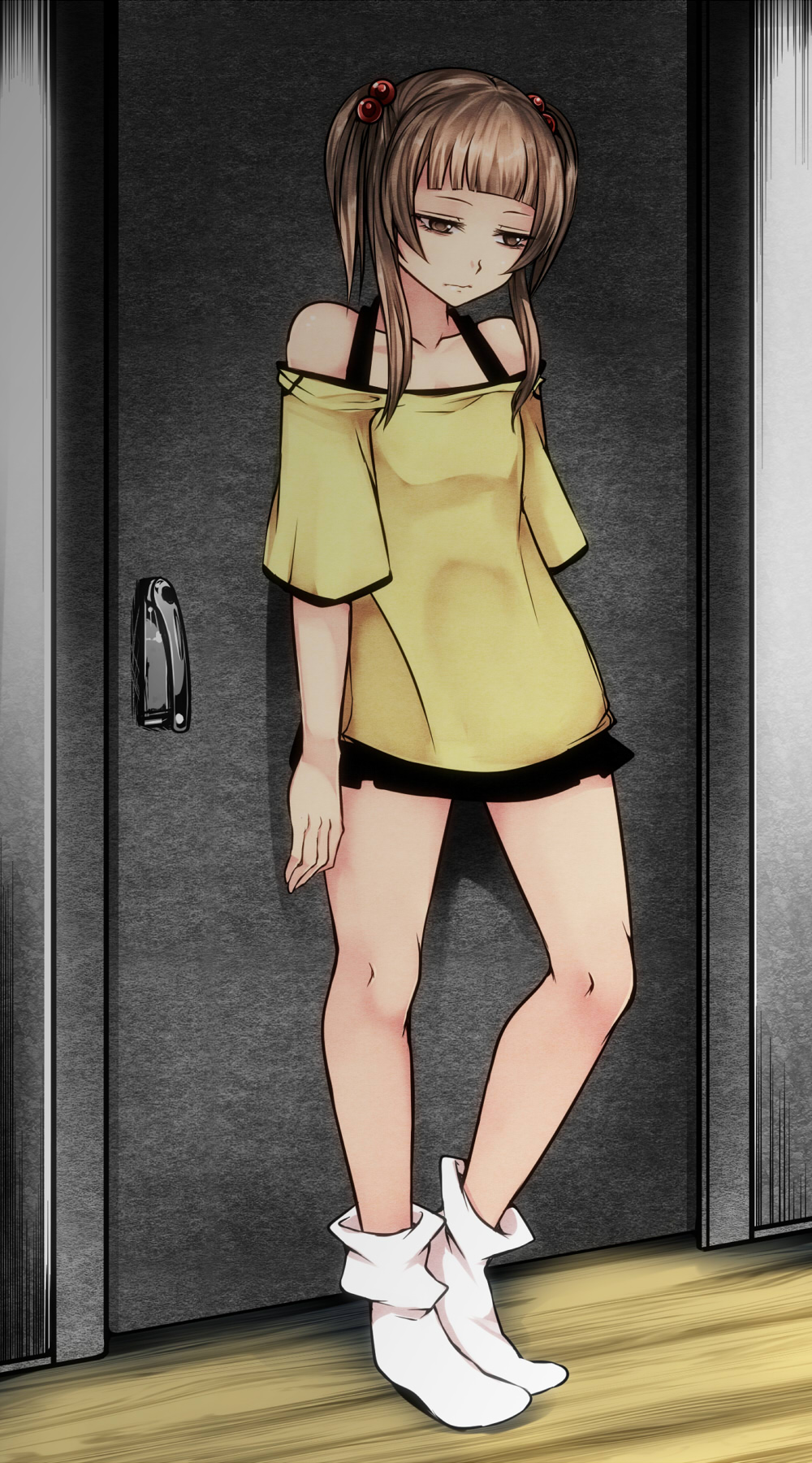 1girl against_wall aoshima bangs bare_legs bare_shoulders blunt_bangs brown_eyes brown_hair collarbone door expressionless hair_bobbles hair_ornament highres looking_down original payot short_hair short_twintails socks twintails