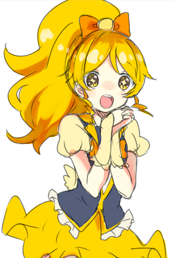 +_+ 1girl blonde_hair bow cure_honey hair_bow happinesscharge_precure! jyukariko magical_girl oomori_yuuko ponytail precure simple_background vest white_background yellow_eyes