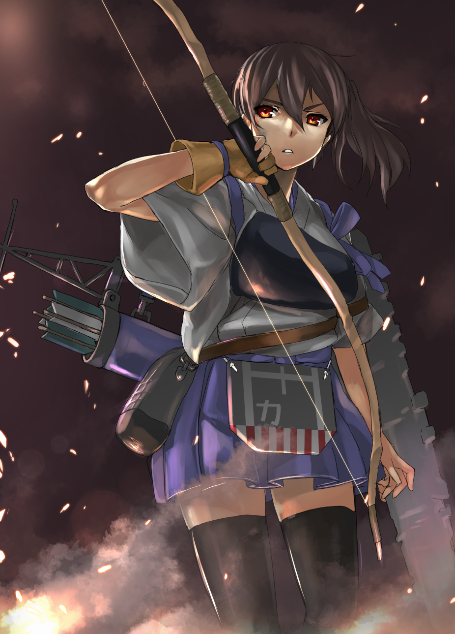 1girl arrow black_legwear bow_(weapon) brown_eyes brown_hair cowboy_shot flight_deck highres kaga_(kantai_collection) kantai_collection looking_at_viewer magu_(mugsfc) muneate open_mouth pleated_skirt quiver side_ponytail skirt smoke solo tasuki thigh-highs weapon yugake zettai_ryouiki