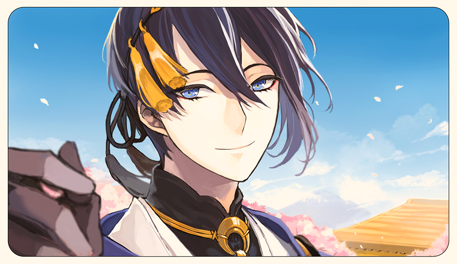 1boy architecture blue_eyes blurry building bust cherry_blossoms clouds depth_of_field east_asian_architecture face looking_at_viewer male_focus mikazuki_munechika obo outdoors sky smile solo touken_ranbu