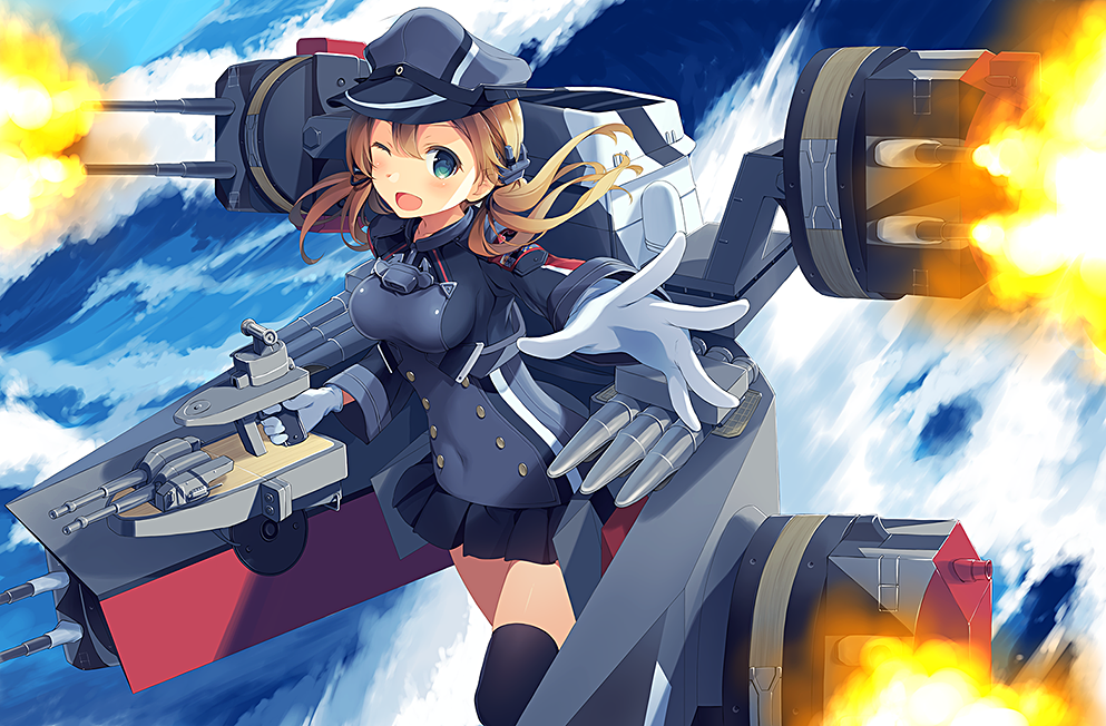 1girl ;d anchor_hair_ornament black_legwear black_skirt blonde_hair blue_eyes blush covered_navel firing gloves hair_ornament hat impossible_clothes kantai_collection long_hair long_sleeves looking_at_viewer machinery microskirt military military_uniform one_eye_closed open_mouth over-kneehighs peaked_cap pleated_skirt prinz_eugen_(kantai_collection) ribbon skirt smile solo thigh-highs turret twintails uniform water waves white_gloves yashiro_seika