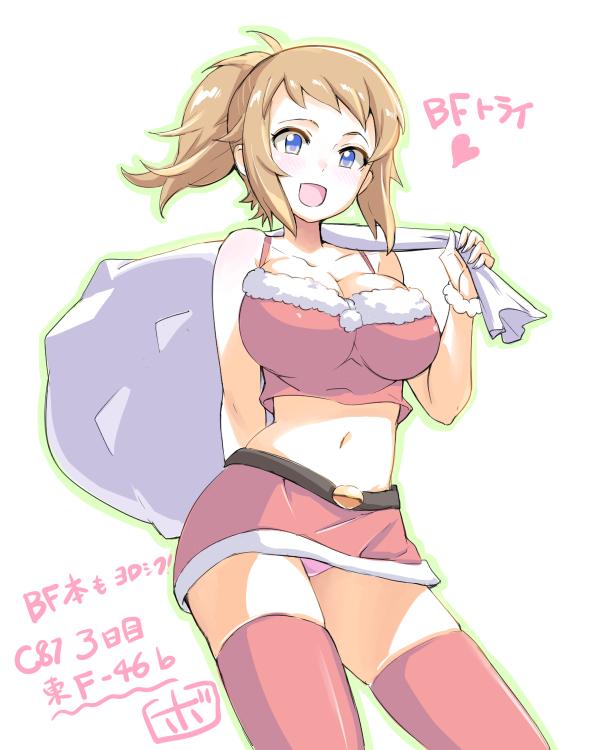 1girl bag bowieknife christmas gundam gundam_build_fighters gundam_build_fighters_try hoshino_fumina midriff panties pantyshot ponytail santa_costume thigh-highs underwear zettai_ryouiki