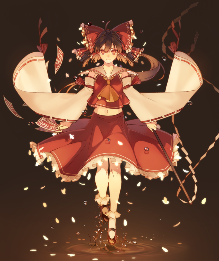 1girl antenna_hair ascot bow breasts closed_mouth dark_background detached_sleeves floating frilled_skirt frills full_body gohei hair_bow hakurei_reimu holding long_hair long_skirt long_sleeves looking_at_viewer navel ofuda petals pig_ggul ponytail red_bow red_eyes red_shirt ribbon-trimmed_sleeves ribbon_trim ripples sailor_collar shirt skirt smile solo touhou water white_sailor_collar white_sleeves wide_sleeves yellow_neckwear