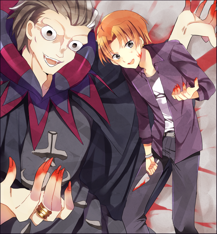 2boys black_eyes black_hair blood blood_on_face caster_(fate/zero) fate/zero fate_(series) grey_hair jacket multiple_boys orange_hair purple_jacket uryuu_ryuunosuke yoshifuji_haru