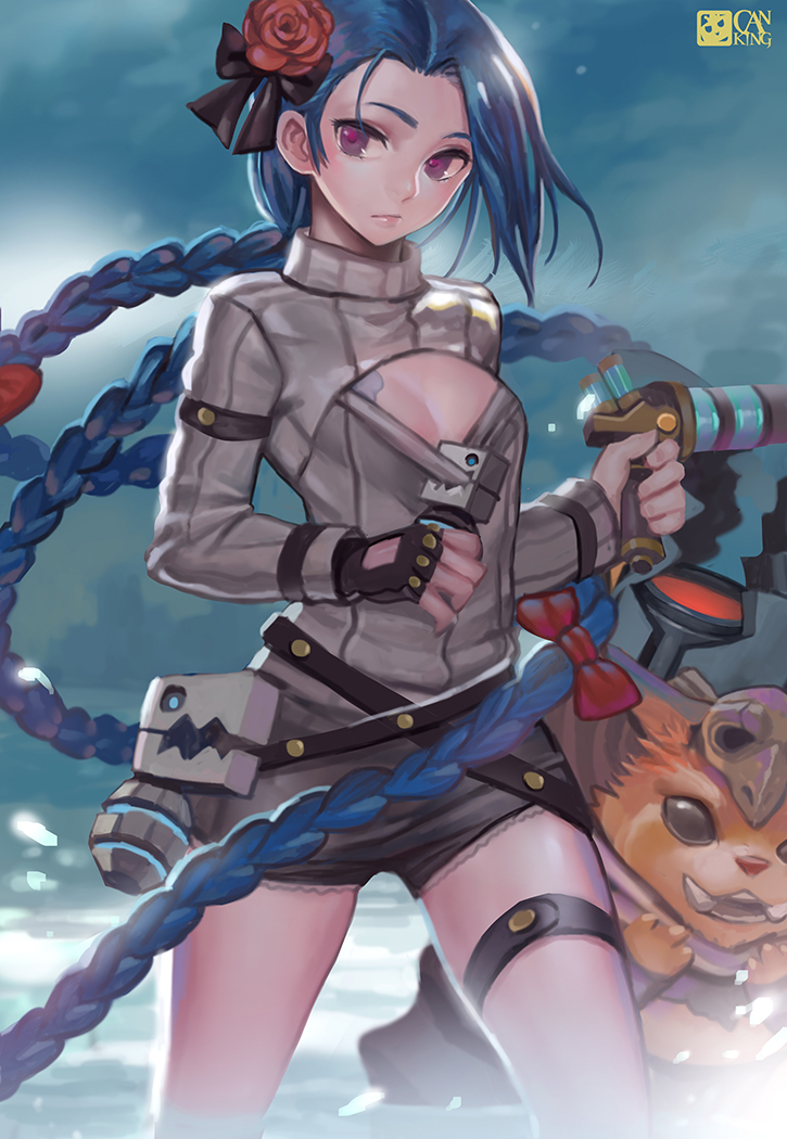 1girl alternate_costume blue_hair braid cleavage_cutout danann explosive fingerless_gloves flower flower_on_head gloves gnar_(league_of_legends) grenade jinx_(league_of_legends) league_of_legends long_hair looking_at_viewer open-chest_sweater ribbed_sweater rose shorts single_braid small_breasts snow sweater tattoo twin_braids very_long_hair weapon