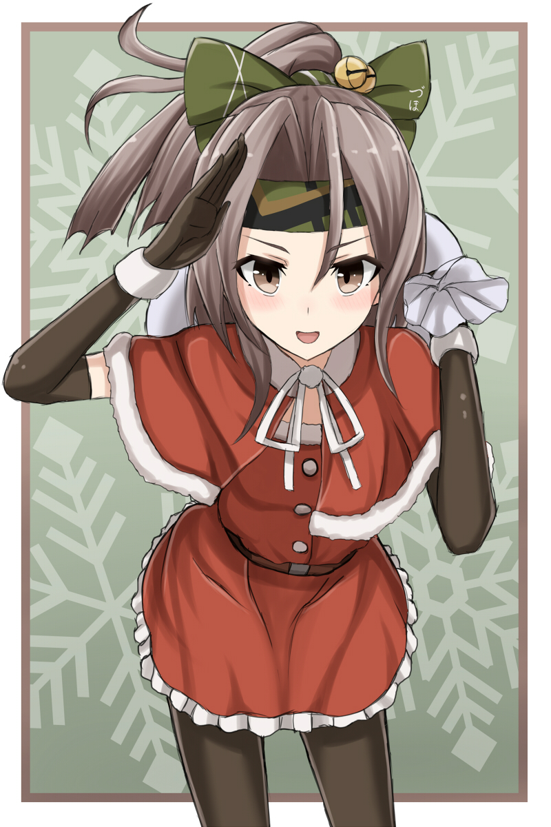1girl :d black_gloves blush brown_eyes brown_hair capelet christmas cowboy_shot dress elbow_gloves frilled_dress frills gloves hachimaki headband high_ponytail highres kantai_collection leaning_forward looking_at_viewer open_mouth over_shoulder pantyhose rabochicken red_dress sack salute santa_costume smile solo zuihou_(kantai_collection)