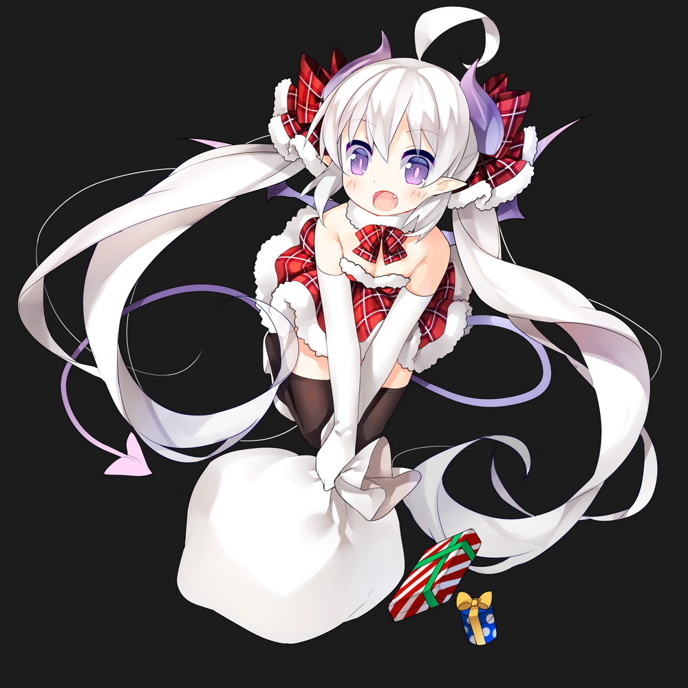 1girl :d ahoge black_legwear box christmas demon_girl demon_horns demon_tail demon_wings elbow_gloves fang gift gift_box gloves horns long_hair looking_at_viewer open_mouth original pointy_ears saru silver_hair smile solo tail thigh-highs twintails very_long_hair violet_eyes white_gloves wings zettai_ryouiki