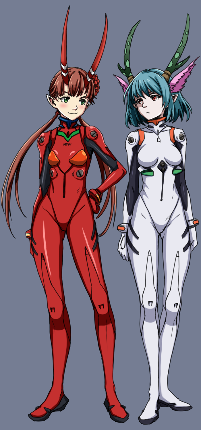 2girls a_sort_of_colorfag antlers ayanami_rei ayanami_rei_(cosplay) blue_hair brown_hair c_(control) colored cosplay drawfag green_eyes head_wings highres horns long_hair mashu_(control) multiple_girls neon_genesis_evangelion plugsuit pointy_ears q_(control) rebuild_of_evangelion red_eyes shikinami_asuka_langley short_hair souryuu_asuka_langley souryuu_asuka_langley_(cosplay)