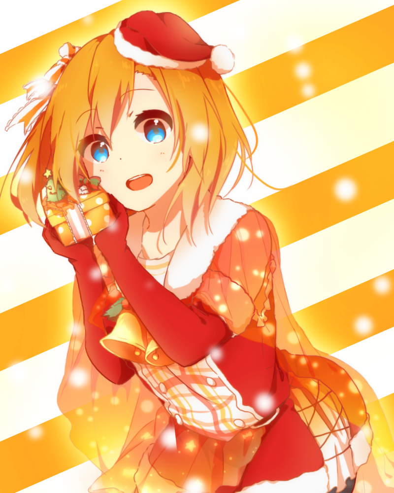 1girl bell blue_eyes bow box elbow_gloves gift gift_box gloves hair_bow hat kousaka_honoka looking_at_viewer love_live!_school_idol_project oda_(101511a) open_mouth orange_hair red_gloves santa_costume santa_hat side_ponytail solo striped striped_background