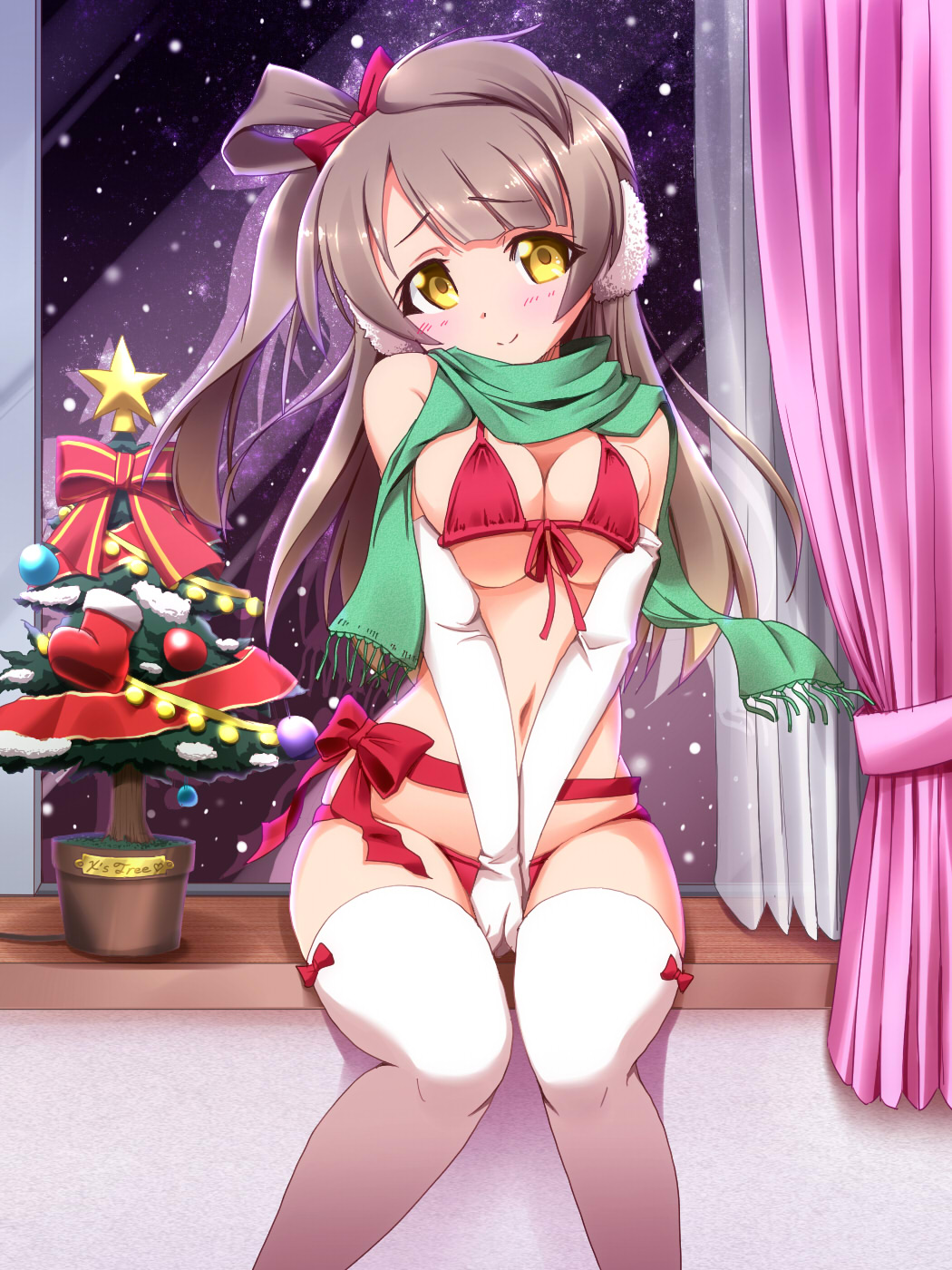 1girl bikini blush bow breasts brown_hair christmas christmas_tree earmuffs elbow_gloves front-tie_top gloves hair_bow highres large_breasts long_hair looking_at_viewer love_live!_school_idol_project matatabi_(2ccp) minami_kotori navel scarf side_ponytail sitting smile solo swimsuit thigh-highs v_arms white_gloves white_legwear yellow_eyes