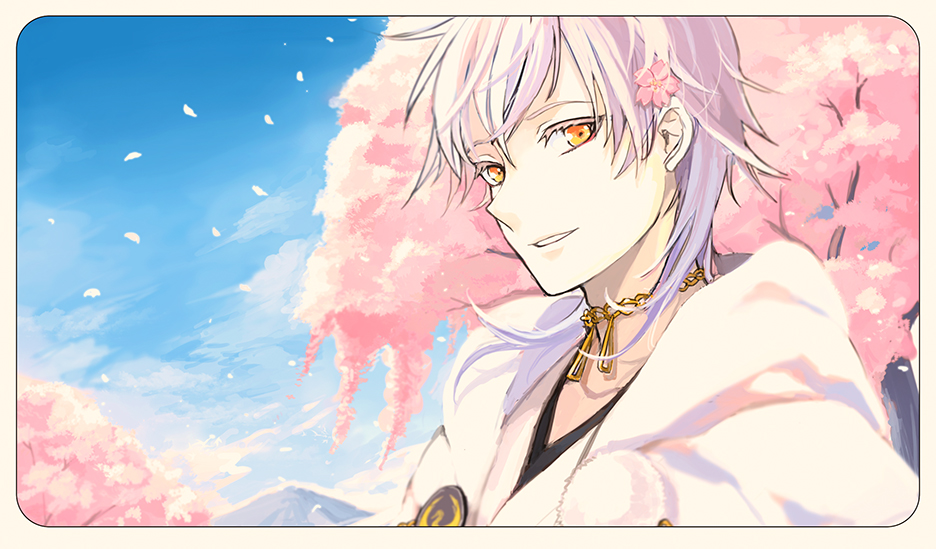 1boy bust cherry_blossoms clouds face looking_at_viewer male_focus obo outdoors parted_lips pink_hair sky solo touken_ranbu tree tsurumaru_kuninaga yellow_eyes