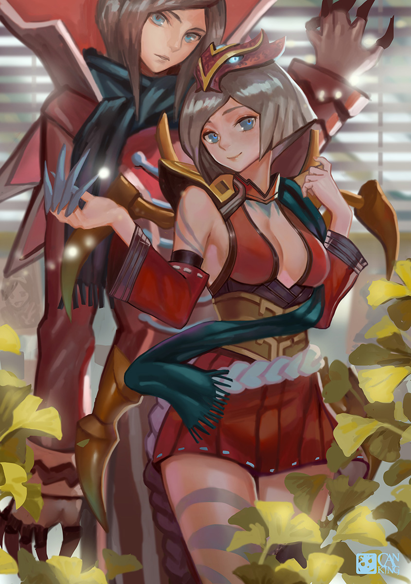 1boy 1girl alternate_costume alternate_eye_color alternate_hairstyle blue_eyes breasts cleavage coat danann detached_sleeves elise_(league_of_legends) height_difference highres insect_girl league_of_legends long_hair long_sleeves looking_at_viewer miniskirt red_clothes red_coat scarf short_hair silver_hair skirt smile spider_girl vampire vladimir wide_sleeves