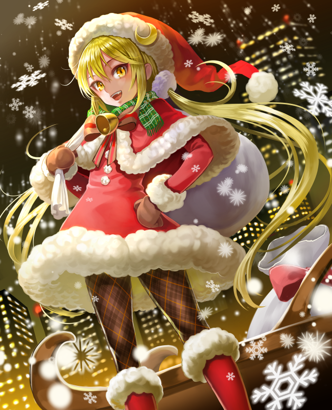 1girl alternate_costume argyle argyle_legwear bell blonde_hair brown_gloves building caplet christmas city crescent dress fur_trim gloves hand_on_hip hat kantai_collection looking_at_viewer low_twintails mittens over_shoulder pantyhose red_boots red_dress sack santa_boots santa_costume santa_hat satsuki_(kantai_collection) scarf snowflakes snowing solo to_nasu twintails yellow_eyes