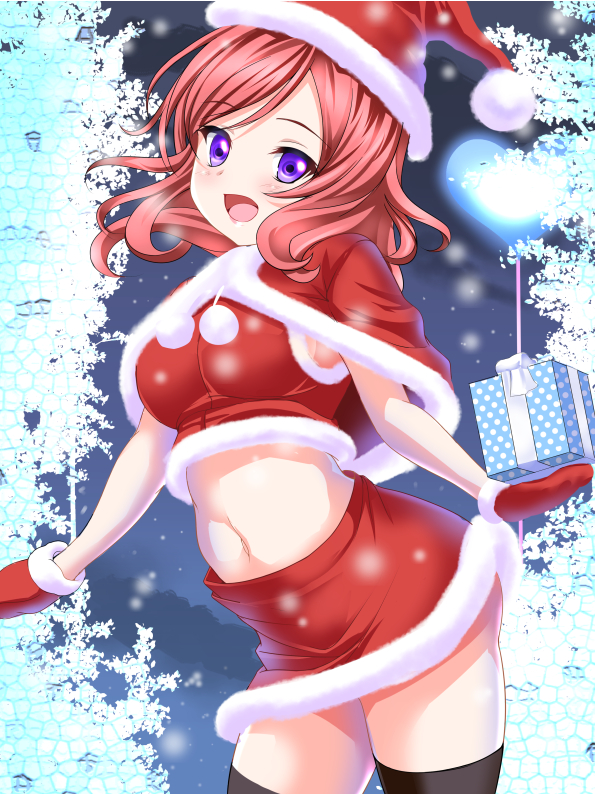 christmas_outfit gift gloves happy love_live!_school_idol_project night nishikino_maki purple_eyes redhead santa_hat short_hair tree winter