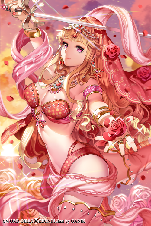 1girl blonde_hair bracelet breasts cinia_pacifica circlet cleavage clouds dancer drill_hair dusk earrings flower ganik_(pisshine) jewelry long_hair midriff navel necklace orange_(color) pink_eyes red rose sky smile solo sunset sword sword_girls weapon