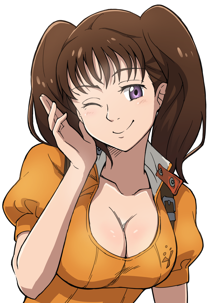 1girl breasts brown_hair bust cleavage diane_(nanatsu_no_taizai) highres large_breasts long_hair nanatsu_no_taizai official_style one_eye_closed smile solo twintails violet_eyes white_background