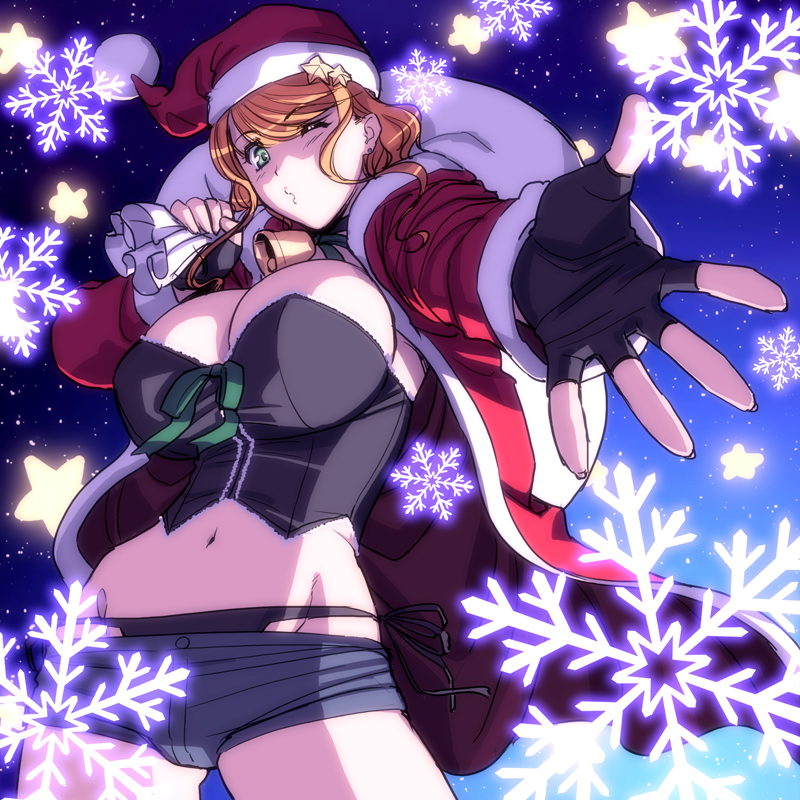 1girl blonde_hair blue_eyes breasts christmas dungeons_&amp;_princess fingerless_gloves gloves hat looking_at_viewer magaki_ryouta midriff navel one_eye_closed santa_hat solo