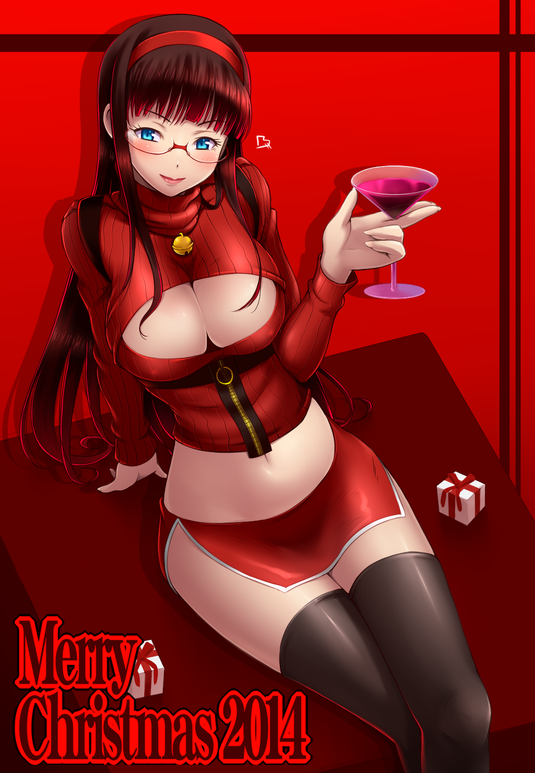 1girl 2014 blue_eyes blush breasts brown_hair christmas cleavage glasses highres long_hair merry_christmas navel open-chest_sweater original ribbed_sweater smile solo sweater taru_neko