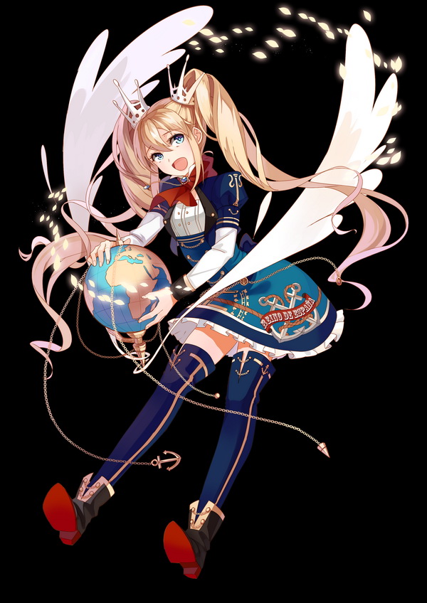 1girl black_background black_legwear blonde_hair blue_eyes boots copyright_request dress gloves hair_ornament long_hair open_mouth selenoring smile solo thigh-highs twintails wings