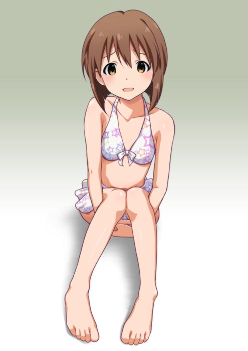 1girl bikini brown_eyes brown_hair hagiwara_yukiho idolmaster ryunnu short_hair simple_background solo swimsuit