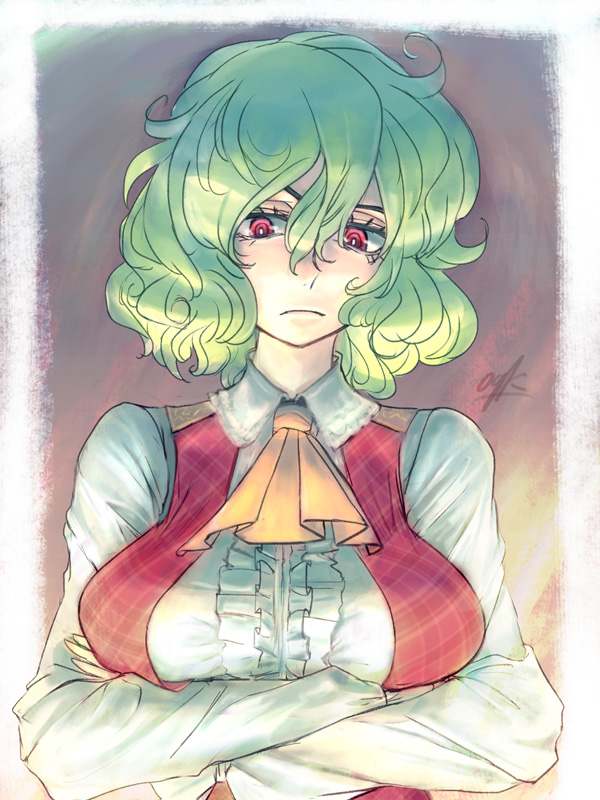 1girl ascot border breast_rest breasts bust collared_shirt crossed_arms expressionless green_hair kazami_yuuka long_sleeves looking_down oo_gata_ken plaid plaid_vest pointy_nose red_eyes short_hair signature solo touhou wavy_hair