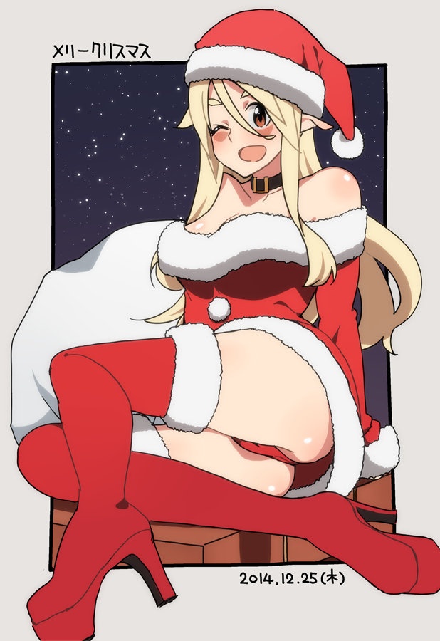 1girl 2014 ;d bare_shoulders blonde_hair boots choker christmas dated eyebrows hat long_hair looking_at_viewer nanakura_nanane one_eye_closed open_mouth original panties pointy_ears red_boots red_eyes red_legwear red_panties santa_boots santa_costume santa_hat smile solo thigh-highs thigh_boots underwear