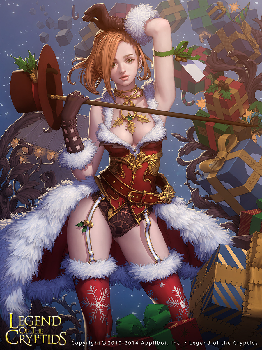 1girl arm_ribbon arm_up brown_eyes brown_gloves brown_hair cglange copyright_name fur_trim gift gloves hat highres legend_of_the_cryptids lips looking_at_viewer nose original realistic red_legwear snowflake_print solo thigh-highs top_hat