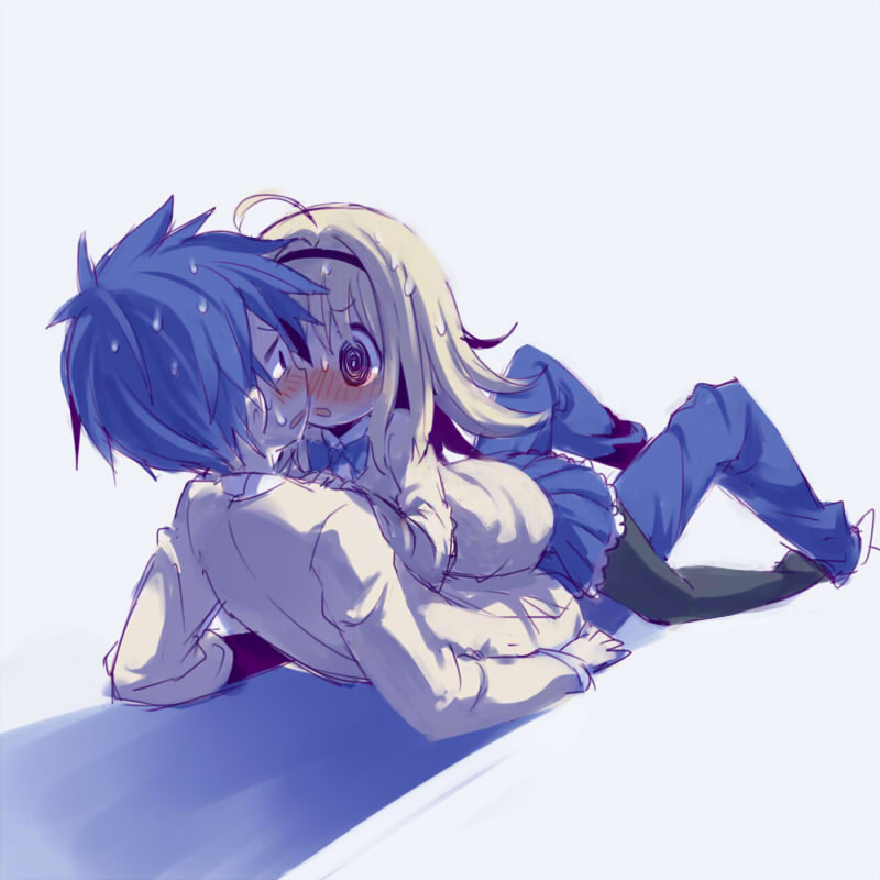 1boy 1girl @_@ ahoge bangs blazer blonde_hair blue_hair blue_skirt blush bowtie brother_and_sister chaos;head collared_shirt frilled_skirt frills girl_on_top hairband maako_(pixiv54348) nishijou_nanami nishijou_takumi pantyhose pleated_skirt shadow siblings simple_background sketch skirt sweat