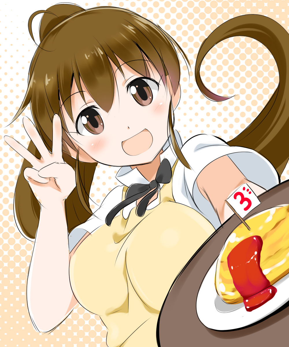 1girl apron breasts brown_eyes brown_hair food highres long_hair open_mouth ponytail sch solo taneshima_popura waitress working!!
