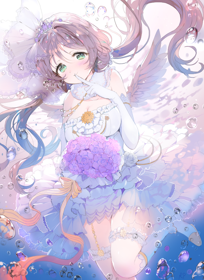 blush bouquet bubble dress finger_to_mouth flower fur_collar gloves green_eyes kneehighs leg_up long_hair love_live!_school_idol_project low_twintails purple_hair repi987 strapless_dress thigh_strap tiara toujou_nozomi twintails very_long_hair white_dress white_gloves white_legwear wings