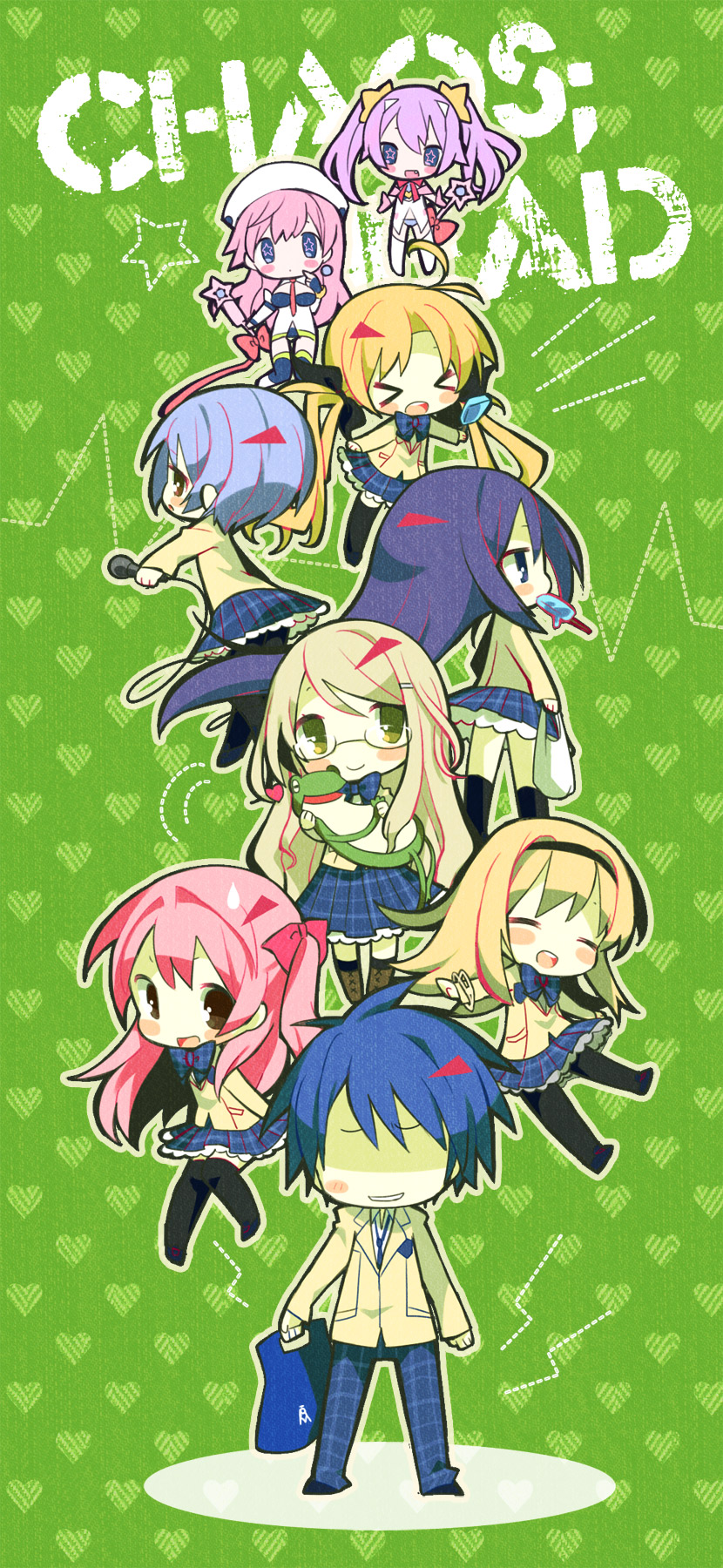 &gt;_&lt; 1boy 6+girls aoi_sena bag bangs blazer blonde_hair blue_eyes blue_hair blue_skirt blush_stickers bowtie brown_eyes chaos;head character_request chibi copyright_name earrings fang finger_to_mouth frilled_skirt frills frog glasses hair_ornament hair_ribbon hairband hairpin heart heart_background highres jewelry kishimoto_ayase kneehighs kusunoki_yua maako_(pixiv54348) magical_girl microphone multiple_girls necktie nishijou_nanami nishijou_takumi no_eyes orihara_kozue pantyhose parted_bangs pink_hair pleated_skirt popsicle ribbon sakihata_rimi seira_orgel shopping_bag silver_hair skirt star star-shaped_pupils star_hair_ornament swept_bangs symbol-shaped_pupils thigh-highs twintails wand