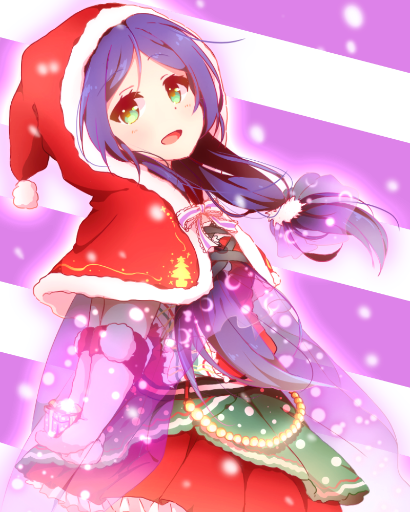 1girl bow box gift gift_box gloves green_eyes hat looking_at_viewer love_live!_school_idol_project oda_(101511a) open_mouth purple_hair santa_costume santa_hat solo striped striped_background toujou_nozomi