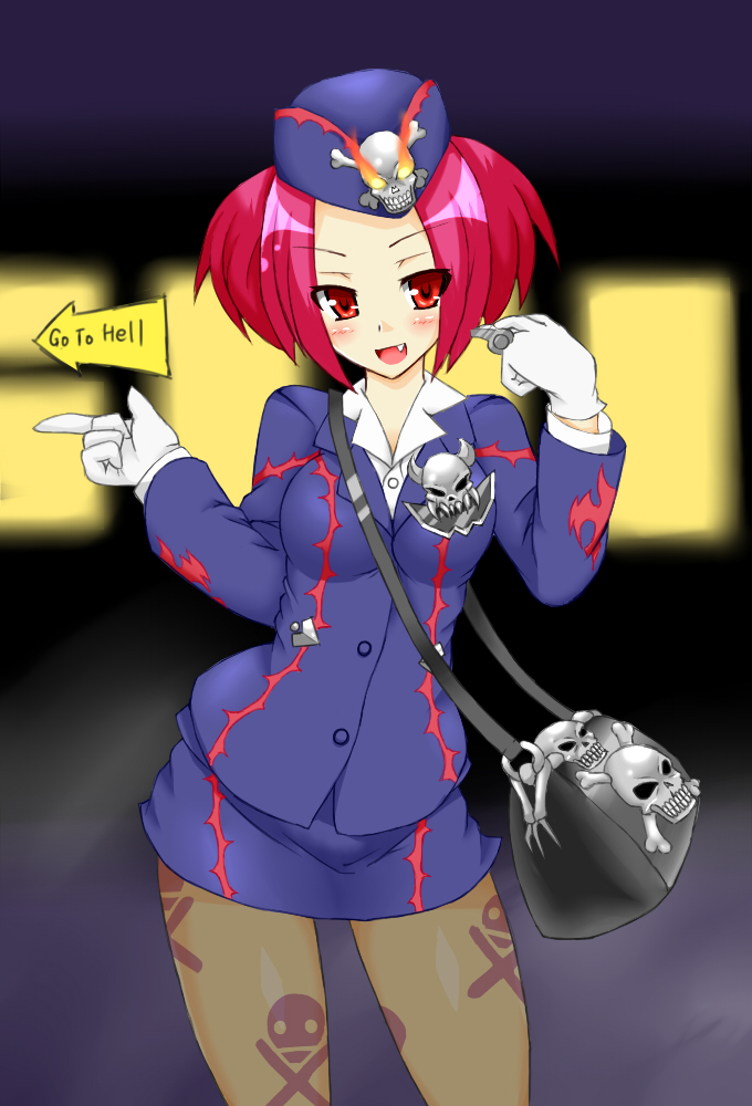 &gt;:d 1girl :d duel_monster fang fire gloves hat open_mouth pantyhose red_eyes redhead satsujinki_(artist) skirt skull skull_and_crossbones smile solo tour_bus_from_the_underworld tour_guide_from_the_underworld twintails whistle yuu-gi-ou