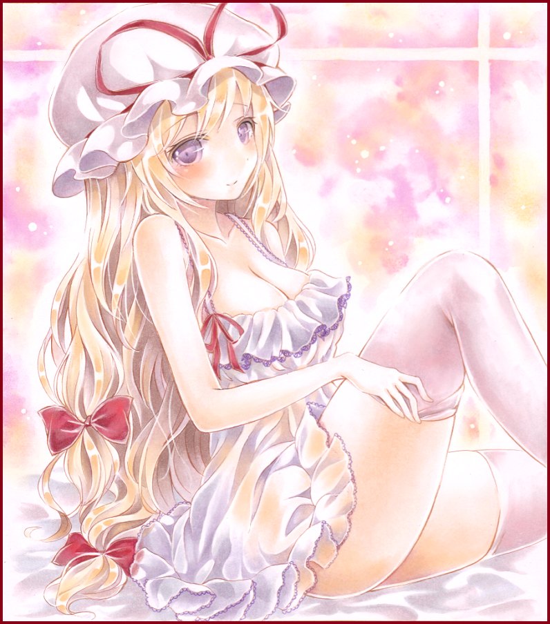 1girl bed blonde_hair bow breasts cleavage hair_bow hat hat_ribbon hoppesatou large_breasts lingerie long_hair mob_cap negligee no_panties ribbon see-through smile solo thigh-highs thighs touhou underwear violet_eyes yakumo_yukari