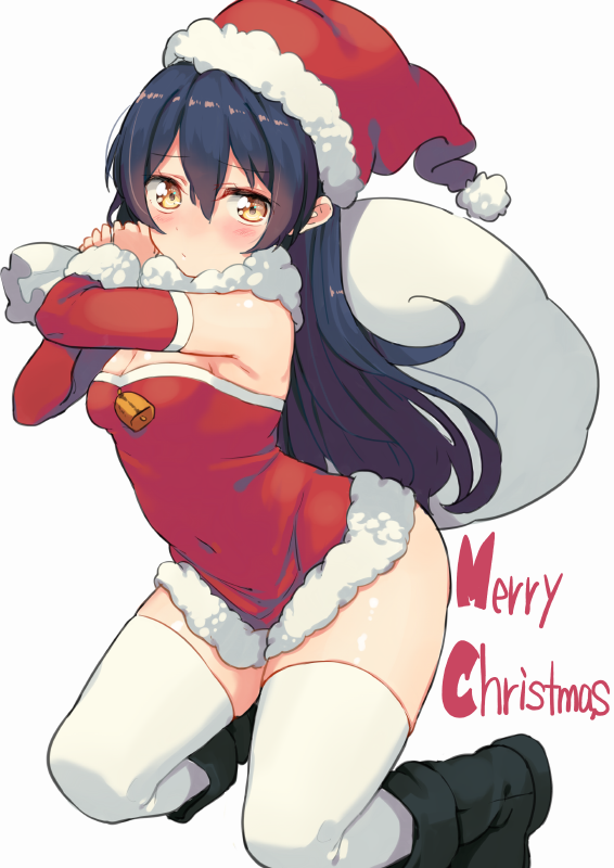 1girl blue_hair blush boots detached_sleeves fur_trim haruken hat kneeling long_hair looking_at_viewer love_live!_school_idol_project merry_christmas over_shoulder sack santa_costume santa_hat simple_background solo sonoda_umi thigh-highs white_background white_legwear yellow_eyes
