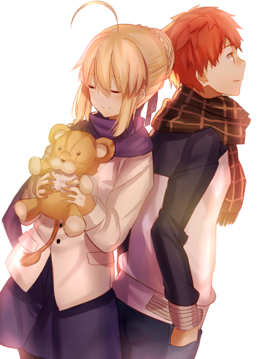 1boy 1girl 2boys ahoge blonde_hair emiya_shirou fate/stay_night fate_(series) hair_bun multiple_boys redhead saber scarf shinooji stuffed_animal stuffed_lion stuffed_toy