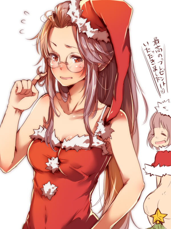 2girls blush christmas female_admiral_(kantai_collection) glasses hat kantai_collection mataichi_matarou multiple_girls narumi_tsuyu santa_costume santa_hat short_hair translation_request