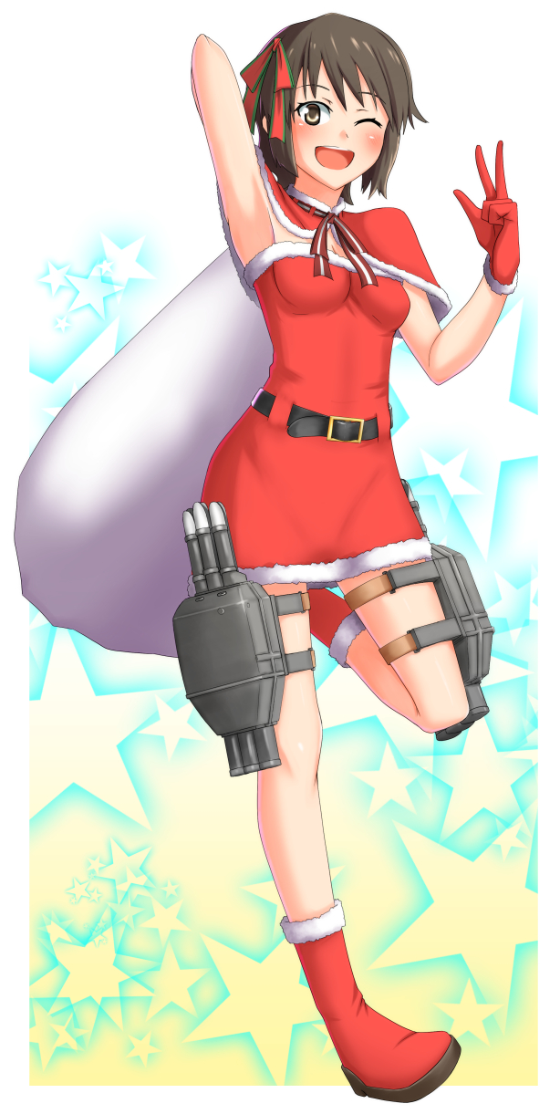 0625a 1girl :d alternate_costume arm_up armpits brown_eyes brown_hair capelet dress fur_trim gloves hair_ribbon hat highres kantai_collection looking_at_viewer machinery miyuki_(kantai_collection) one_eye_closed one_leg_raised open_mouth red_boots red_dress red_gloves ribbon sack santa_boots santa_costume santa_hat short_hair smile solo star starry_background thigh_strap w