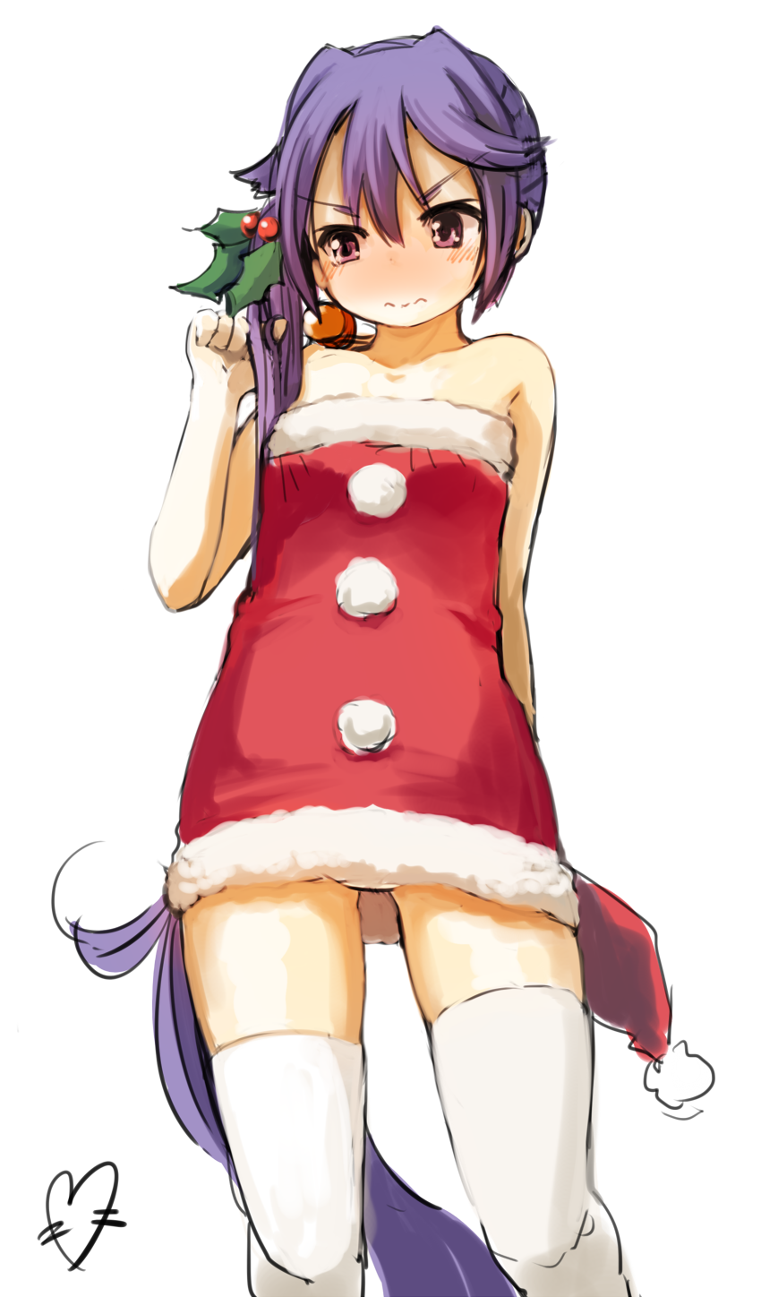 1girl akebono_(kantai_collection) arm_behind_back bangs bare_shoulders blush christmas cowboy_shot hair_between_eyes hair_ornament hat hat_removed headwear_removed highres holly kantai_collection long_hair momo_(higanbana_and_girl) pom_pom_(clothes) purple_hair santa_costume santa_hat signature simple_background solo strapless thigh-highs very_long_hair violet_eyes wavy_mouth white_background white_legwear