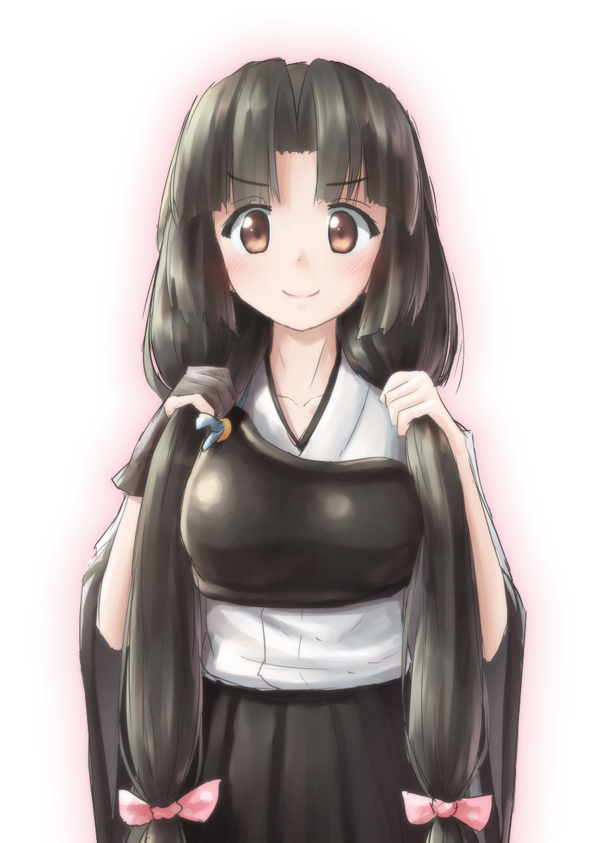 1girl alternate_costume black_hair breasts brown_eyes bust collarbone gradient gradient_background hair_ribbon hakama_skirt highres kantai_collection long_hair looking_at_viewer low-tied_long_hair muneate pink_background pleated_skirt ribbon shouhou_(kantai_collection) skirt smile solo very_long_hair wamu_(chartreuse) yugake