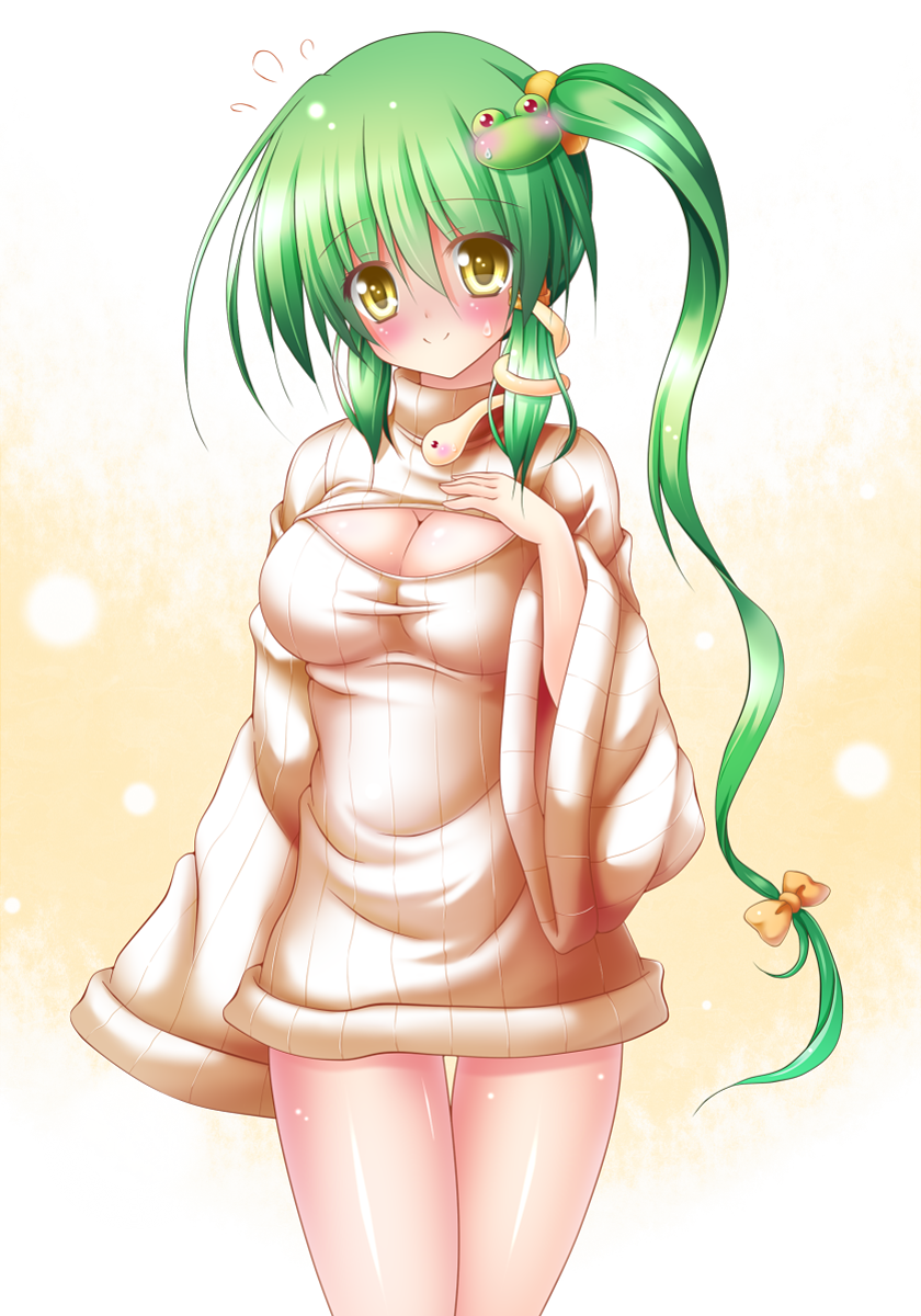 1girl alternate_hairstyle blush breasts cleavage_cutout expressive_clothes frog_hair_ornament green_hair hair_ornament hair_tubes highres kochiya_sanae large_breasts looking_at_viewer open-chest_sweater osashin_(osada) ribbed_sweater side_ponytail sleeves_past_wrists smile snake_hair_ornament solo sweater touhou yellow_eyes