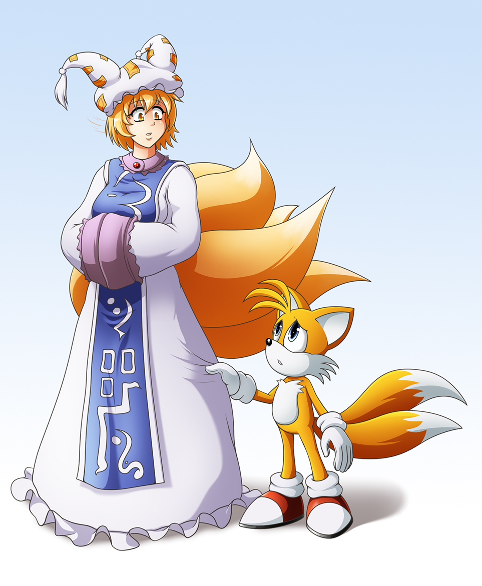 1boy 1girl animal_ears blonde_hair blue_background blue_eyes breasts crossover fox_ears fox_tail full_body gloves gradient gradient_background hat hyoumaru looking_at_another looking_down looking_up miles_prower parted_lips shoes short_hair size_difference skirt_hold sonic_the_hedgehog standing tabard tail touhou trait_connection white_background yakumo_ran yellow_eyes