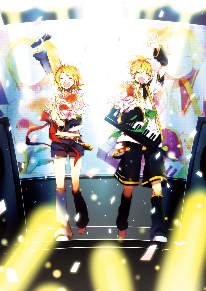 1boy 1girl blonde_hair bouquet brother_and_sister closed_eyes detached_leggings detached_sleeves flower hair_ornament hair_ribbon hairclip headphones instrument kagamine_len kagamine_rin keytar microphone open_mouth ribbon ryou_(fallxalice) short_hair shorts siblings smile twins vocaloid waving