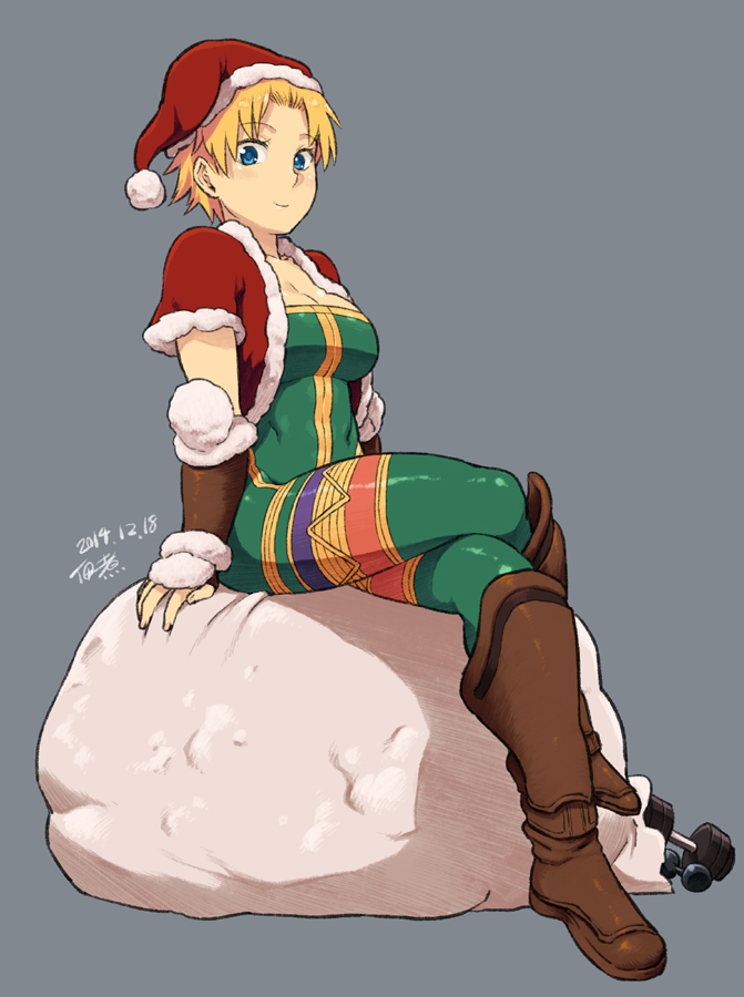 1girl anal_beads blonde_hair blue_eyes blush boots breasts capelet christmas cleavage crossed_legs dumbbell final_fantasy final_fantasy_tactics fur_trim greaves hat knee_boots monk_(fft) sack santa_hat short_hair sitting smile solo tsukudani_(coke-buta) vambraces