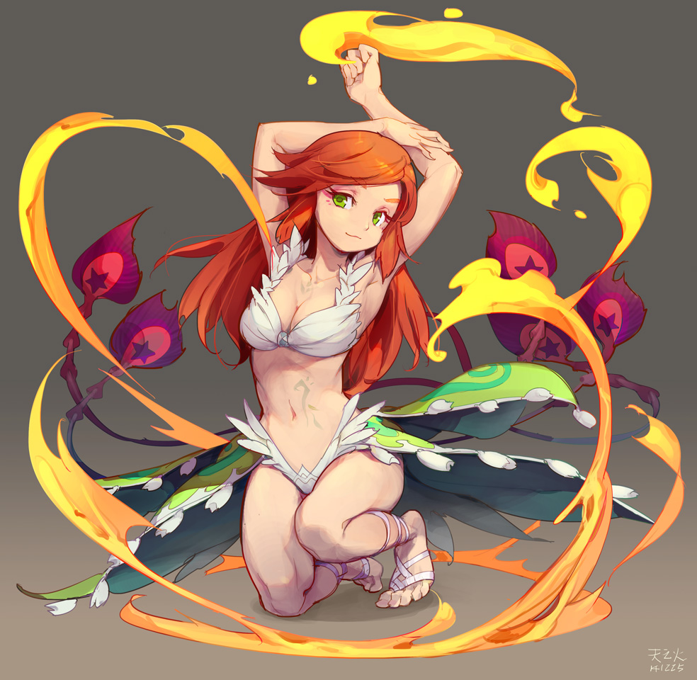 1girl armpits arms_up barefoot bikini_top fire green_eyes humanization long_hair midriff navel phoenix_(p&amp;d) puzzle_&amp;_dragons redhead solo tennohi