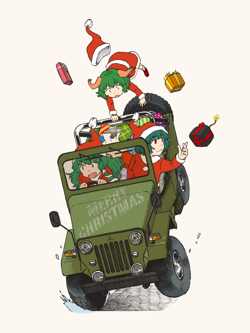 3girls alternate_costume animal_ears bomb color_connection dress gift green_eyes green_hair hair_color_connection hair_ornament hat jeep kasodani_kyouko kazami_yuuka kochiya_sanae long_hair maruhachi_(maruhachi_record) merry_christmas motor_vehicle multiple_girls open_mouth red_eyes sack santa_costume santa_hat short_hair skirt smile snake snake_hair_ornament touhou vehicle