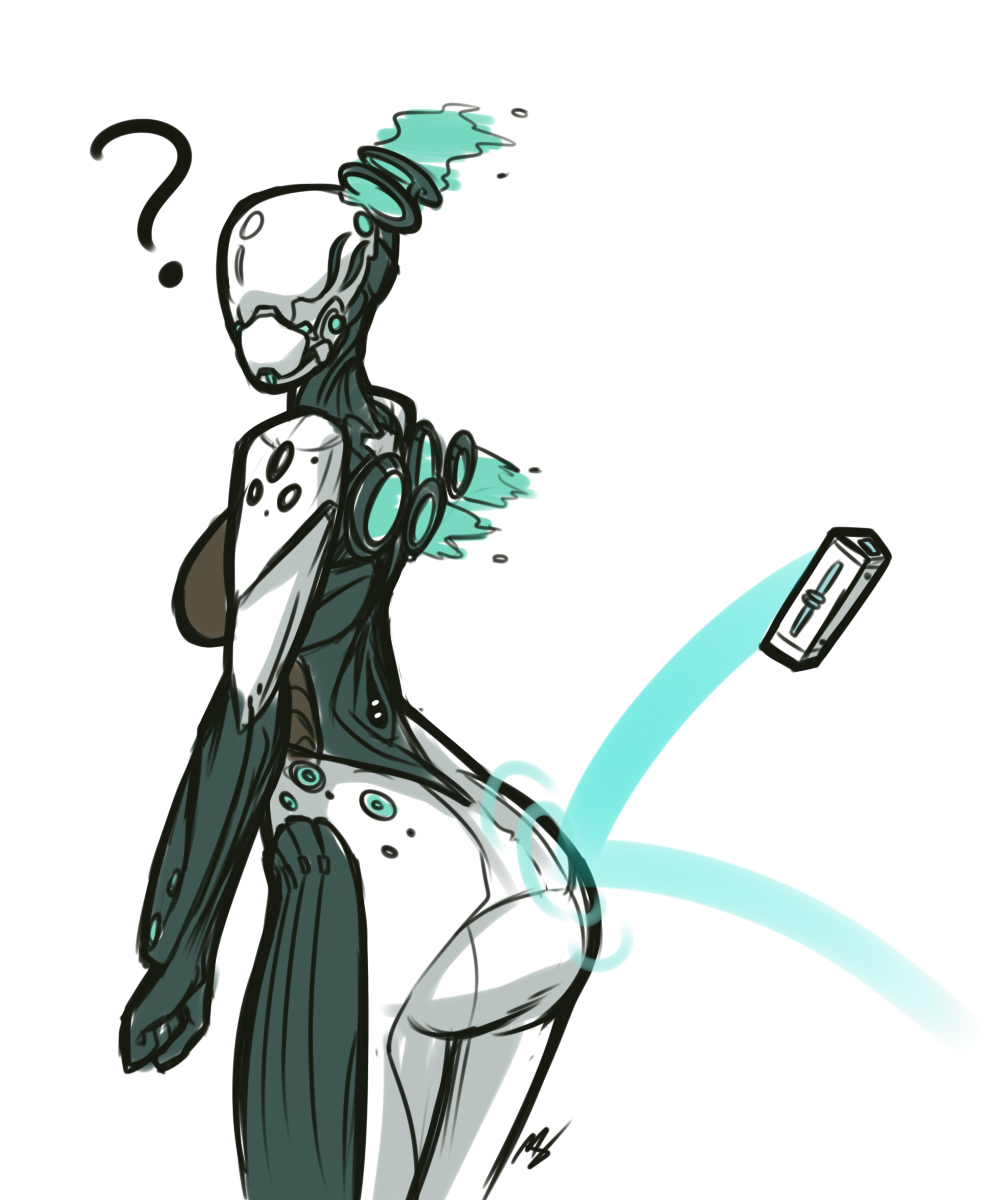 1girl ? ass bodysuit breasts explosive grenade highres kimyouna_juju looking_at_viewer nova_(warframe) ricocheting simple_background solo thighs warframe white_background