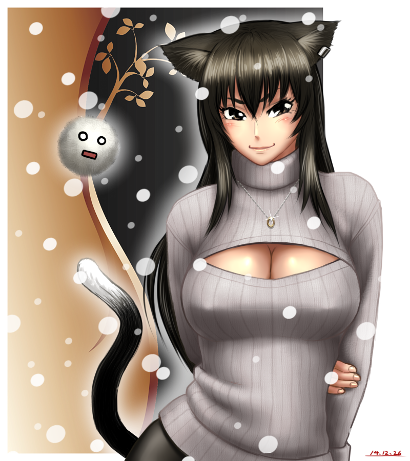 1girl animal_ears arm_grab arms_behind_back black_hair blush border breasts brown_eyes cat_ears cat_tail cleavage cleavage_cutout contrapposto dated jewelry large_breasts lips long_hair necklace open-chest_sweater original ribbed_sweater smile snowing solo sweater taikyokuturugi tail turtleneck