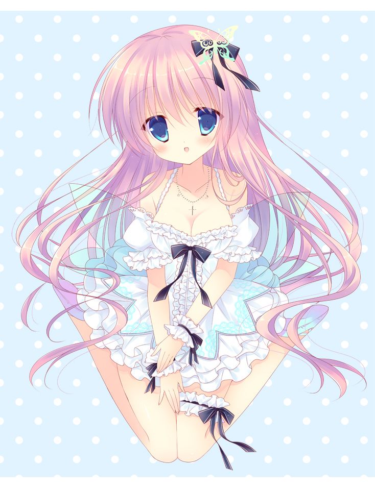 1girl :d blue_eyes breasts cleavage dress fairy_wings frilled_dress frills from_above hair_ornament long_hair looking_at_viewer open_mouth original purple_hair sitting smile solo sumii wariza wings wrist_cuffs